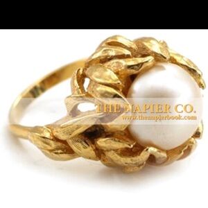 Vintage Napier ring with floral motif Center high rise faux pearl 1920 gold tone